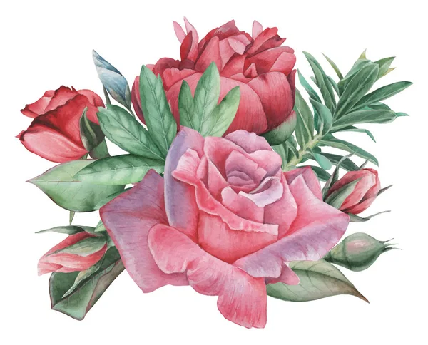 Ilustração vetorial de aquarela combinação encantadora de flores e folhas, isolado no fundo branco — Vetor de Stock