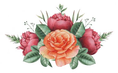 Çiçekler ve yapraklar, beyaz arka plan üzerinde izole suluboya büyüleyici kombinasyonu el boyalı