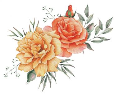 Çiçekler ve yapraklar, beyaz arka plan üzerinde izole suluboya büyüleyici kombinasyonu el boyalı