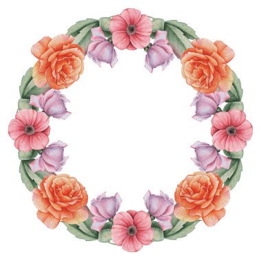 Suluboya çelenk çiçek ve yaprakları, beyaz arka plan üzerinde izole el boyalı