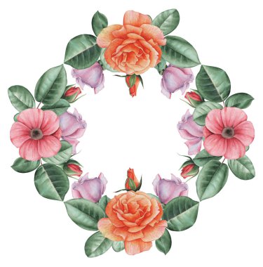 Suluboya çelenk çiçek ve yaprakları, beyaz arka plan üzerinde izole el boyalı