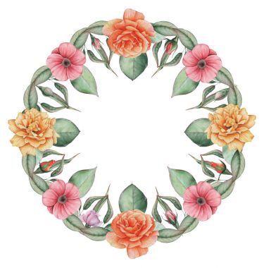 Suluboya çelenk çiçek ve yaprakları, beyaz arka plan üzerinde izole el boyalı