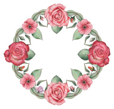 Suluboya çelenk çiçek ve yaprakları, beyaz arka plan üzerinde izole el boyalı