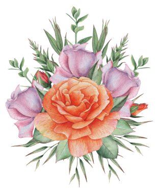 Çiçekler ve yapraklar, beyaz arka plan üzerinde izole suluboya büyüleyici kombinasyonu el boyalı