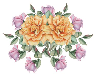 Çiçekler ve yapraklar, beyaz arka plan üzerinde izole suluboya büyüleyici kombinasyonu el boyalı