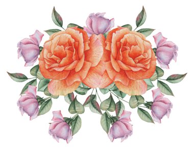 Çiçekler ve yapraklar, beyaz arka plan üzerinde izole suluboya büyüleyici kombinasyonu el boyalı