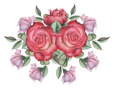 Çiçekler ve yapraklar, beyaz arka plan üzerinde izole suluboya büyüleyici kombinasyonu el boyalı