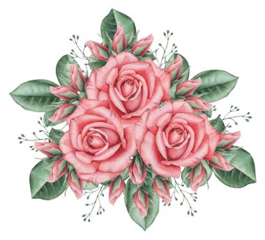 Çiçekler ve yapraklar, beyaz arka plan üzerinde izole suluboya büyüleyici kombinasyonu el boyalı