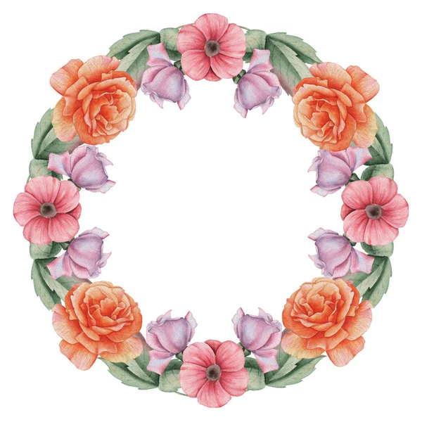 Suluboya çelenk çiçek ve yaprakları, beyaz arka plan üzerinde izole el boyalı