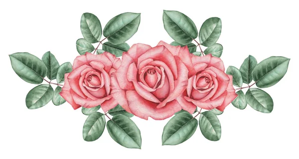 Çiçekler ve yapraklar, beyaz arka plan üzerinde izole suluboya büyüleyici kombinasyonu el boyalı