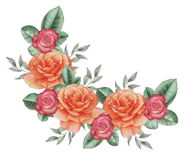 Çiçekler ve yapraklar, beyaz arka plan üzerinde izole suluboya büyüleyici kombinasyonu el boyalı