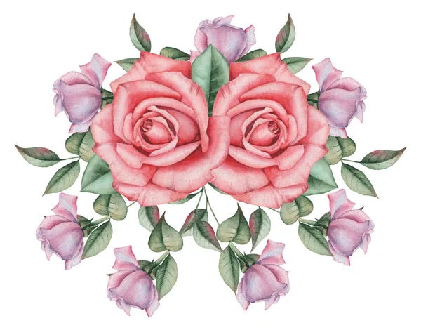 Çiçekler ve yapraklar, beyaz arka plan üzerinde izole suluboya büyüleyici kombinasyonu el boyalı