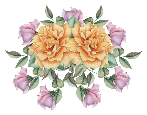 Çiçekler ve yapraklar, beyaz arka plan üzerinde izole suluboya büyüleyici kombinasyonu el boyalı