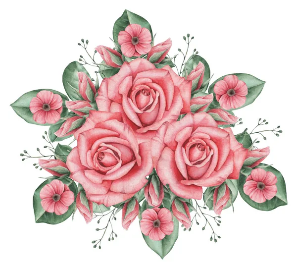 Çiçekler ve yapraklar, beyaz arka plan üzerinde izole suluboya büyüleyici kombinasyonu el boyalı