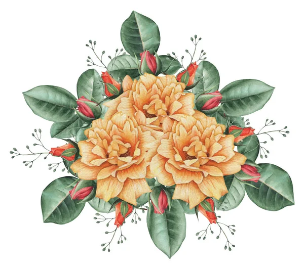 Çiçekler ve yapraklar, beyaz arka plan üzerinde izole suluboya büyüleyici kombinasyonu el boyalı