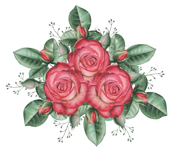 Çiçekler ve yapraklar, beyaz arka plan üzerinde izole suluboya büyüleyici kombinasyonu el boyalı