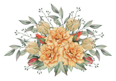 Çiçekler ve yapraklar, beyaz arka plan üzerinde izole suluboya büyüleyici kombinasyonu el boyalı