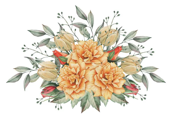 Çiçekler ve yapraklar, beyaz arka plan üzerinde izole suluboya büyüleyici kombinasyonu el boyalı