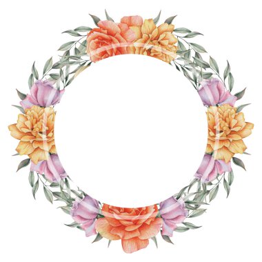 Çiçekler ve yapraklar, beyaz arka plan üzerinde izole suluboya büyüleyici kombinasyonu el boyalı, düğün, çerçeve, tırnak, desen, tebrik kartı, logo, Davetiyeler, yazı vb. için mükemmel