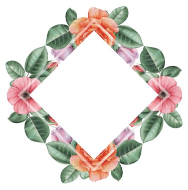 Çiçekler ve yapraklar, beyaz arka plan üzerinde izole suluboya büyüleyici kombinasyonu el boyalı, düğün, çerçeve, tırnak, desen, tebrik kartı, logo, Davetiyeler, yazı vb. için mükemmel