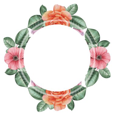 Çiçekler ve yapraklar, beyaz arka plan üzerinde izole suluboya büyüleyici kombinasyonu el boyalı, düğün, çerçeve, tırnak, desen, tebrik kartı, logo, Davetiyeler, yazı vb. için mükemmel