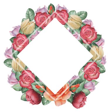Çiçekler ve yapraklar, beyaz arka plan üzerinde izole suluboya büyüleyici kombinasyonu el boyalı, düğün, çerçeve, tırnak, desen, tebrik kartı, logo, Davetiyeler, yazı vb. için mükemmel