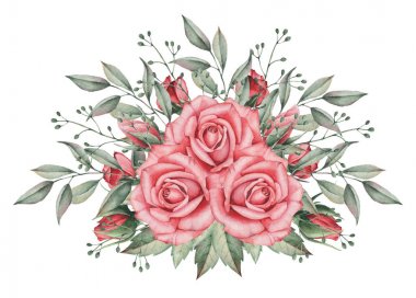 Çiçekler ve yapraklar, beyaz arka plan üzerinde izole suluboya büyüleyici kombinasyonu el boyalı