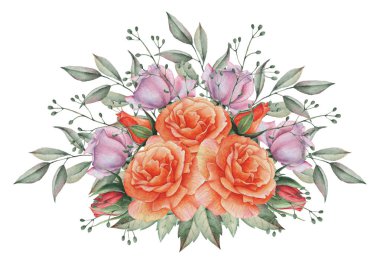 Çiçekler ve yapraklar, beyaz arka plan üzerinde izole suluboya büyüleyici kombinasyonu el boyalı