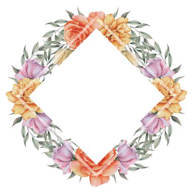 Çiçekler ve yapraklar, beyaz arka plan üzerinde izole suluboya büyüleyici kombinasyonu el boyalı, düğün, çerçeve, tırnak, desen, tebrik kartı, logo, Davetiyeler, yazı vb. için mükemmel