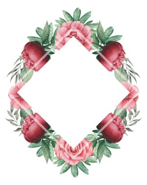 Çiçekler ve yapraklar, beyaz arka plan üzerinde izole suluboya büyüleyici kombinasyonu el boyalı, düğün, çerçeve, tırnak, desen, tebrik kartı, logo, Davetiyeler, yazı vb. için mükemmel