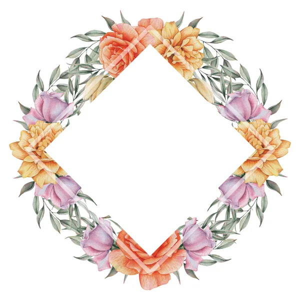 Çiçekler ve yapraklar, beyaz arka plan üzerinde izole suluboya büyüleyici kombinasyonu el boyalı, düğün, çerçeve, tırnak, desen, tebrik kartı, logo, Davetiyeler, yazı vb. için mükemmel