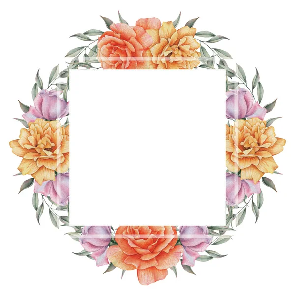 Çiçekler ve yapraklar, beyaz arka plan üzerinde izole suluboya büyüleyici kombinasyonu el boyalı, düğün, çerçeve, tırnak, desen, tebrik kartı, logo, Davetiyeler, yazı vb. için mükemmel