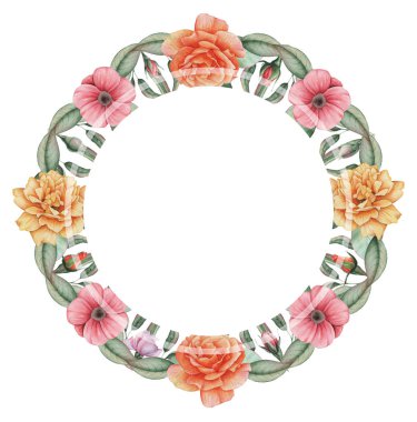 Çiçekler ve yapraklar, beyaz arka plan üzerinde izole suluboya büyüleyici kombinasyonu el boyalı, düğün, çerçeve, tırnak, desen, tebrik kartı, logo, Davetiyeler, yazı vb. için mükemmel