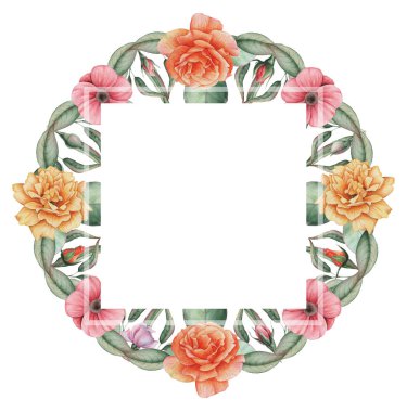 Çiçekler ve yapraklar, beyaz arka plan üzerinde izole suluboya büyüleyici kombinasyonu el boyalı, düğün, çerçeve, tırnak, desen, tebrik kartı, logo, Davetiyeler, yazı vb. için mükemmel