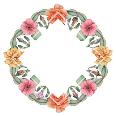 Çiçekler ve yapraklar, beyaz arka plan üzerinde izole suluboya büyüleyici kombinasyonu el boyalı, düğün, çerçeve, tırnak, desen, tebrik kartı, logo, Davetiyeler, yazı vb. için mükemmel