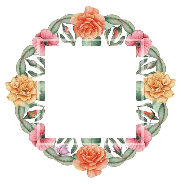 Çiçekler ve yapraklar, beyaz arka plan üzerinde izole suluboya büyüleyici kombinasyonu el boyalı, düğün, çerçeve, tırnak, desen, tebrik kartı, logo, Davetiyeler, yazı vb. için mükemmel