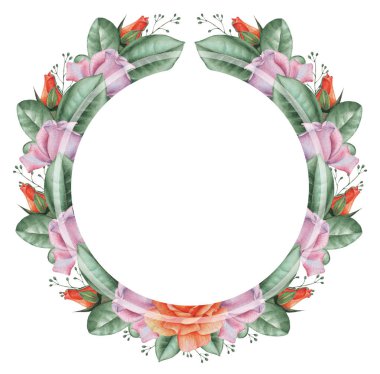 Çiçekler ve yapraklar, beyaz arka plan üzerinde izole suluboya büyüleyici kombinasyonu el boyalı, düğün, çerçeve, tırnak, desen, tebrik kartı, logo, Davetiyeler, yazı vb. için mükemmel