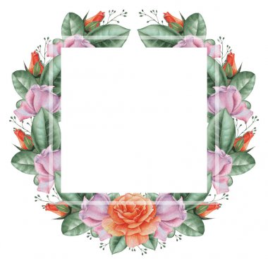 Çiçekler ve yapraklar, beyaz arka plan üzerinde izole suluboya büyüleyici kombinasyonu el boyalı, düğün, çerçeve, tırnak, desen, tebrik kartı, logo, Davetiyeler, yazı vb. için mükemmel