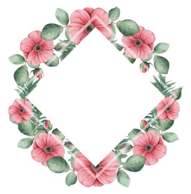 Çiçekler ve yapraklar, beyaz arka plan üzerinde izole suluboya büyüleyici kombinasyonu el boyalı, düğün, çerçeve, tırnak, desen, tebrik kartı, logo, Davetiyeler, yazı vb. için mükemmel