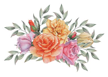 Çiçekler ve yapraklar, beyaz arka plan üzerinde izole suluboya büyüleyici kombinasyonu el boyalı