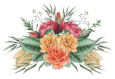 Çiçekler ve yapraklar, beyaz arka plan üzerinde izole suluboya büyüleyici kombinasyonu el boyalı