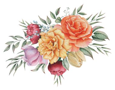 Çiçekler ve yapraklar, beyaz arka plan üzerinde izole suluboya büyüleyici kombinasyonu el boyalı