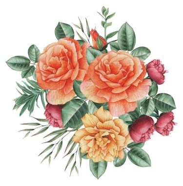 Çiçekler ve yapraklar, beyaz arka plan üzerinde izole suluboya büyüleyici kombinasyonu el boyalı