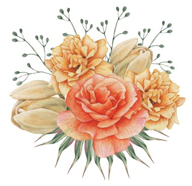 Çiçekler ve yapraklar, beyaz arka plan üzerinde izole suluboya büyüleyici kombinasyonu el boyalı