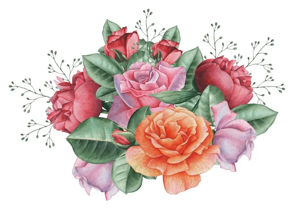 Рука пофарбована в акварель чарівне поєднання квітів і листя, ізольовані на білому тлі — стокове фото