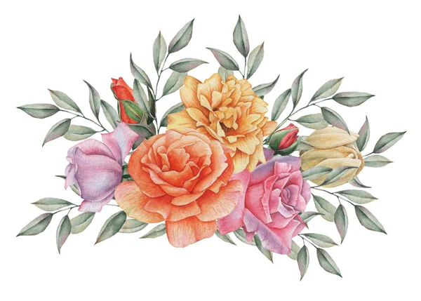 Çiçekler ve yapraklar, beyaz arka plan üzerinde izole suluboya büyüleyici kombinasyonu el boyalı