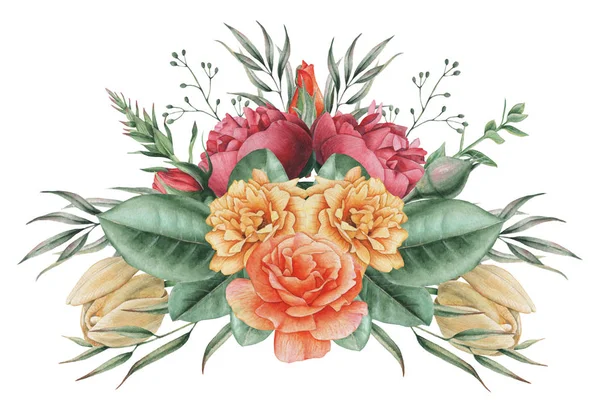 Çiçekler ve yapraklar, beyaz arka plan üzerinde izole suluboya büyüleyici kombinasyonu el boyalı