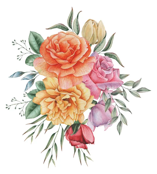 Handgeschilderde aquarel charmante combinatie van bloemen en bladeren, geïsoleerd op witte achtergrond — Stockfoto