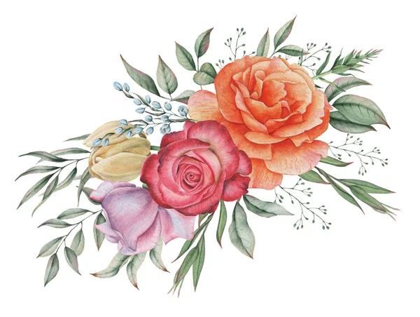 Çiçekler ve yapraklar, beyaz arka plan üzerinde izole suluboya büyüleyici kombinasyonu el boyalı