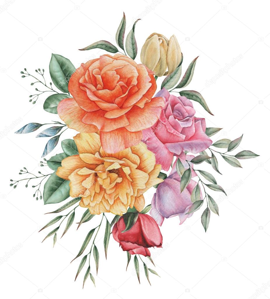Hand painted watercolor charming combination of Flowers and Leaves, isolated on white background